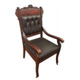 BR2 - Antique Victorian Empire Carved Wood Armchair with Tufted Leather Back & Seat