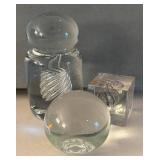 UL - Glass Paper Weight Trio - Clear Crystal Weights with Spiral Swirl, Sphere & Cube