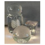 UL - Glass Paper Weight Trio - Clear Crystal Weights with Spiral Swirl, Sphere & Cube