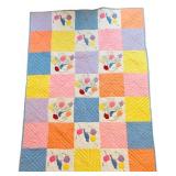 uL - Quilt - Vintage Handmade Patchwork Floral With Bird Motif, 80 x 60 in