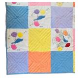 uL - Quilt - Vintage Handmade Patchwork Floral With Bird Motif, 80 x 60 in