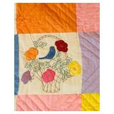 uL - Quilt - Vintage Handmade Patchwork Floral With Bird Motif, 80 x 60 in
