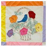 uL - Quilt - Vintage Handmade Patchwork Floral With Bird Motif, 80 x 60 in