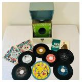 BR1 - Columbia 7-Inch Vinyl Records Collection in Vintage Blue Storage Box - Assorted 45 RPM Singles