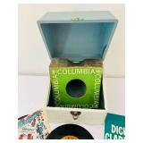 BR1 - Columbia 7-Inch Vinyl Records Collection in Vintage Blue Storage Box - Assorted 45 RPM Singles