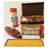 uL - Vintage Wooden Board Games & Toys: Tinkertoy Cylinder, Dominoes Double Nine, Oriental Checkers