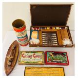 uL - Vintage Wooden Board Games & Toys: Tinkertoy Cylinder, Dominoes Double Nine, Oriental Checkers