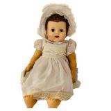uL - 26in Vintage Composition Baby Doll - Cloth Body, Pink Lace Dress & Bonnet