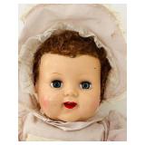 uL - 26in Vintage Composition Baby Doll - Cloth Body, Pink Lace Dress & Bonnet