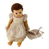 uL - 26in Vintage Composition Baby Doll - Cloth Body, Pink Lace Dress & Bonnet