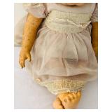 uL - 26in Vintage Composition Baby Doll - Cloth Body, Pink Lace Dress & Bonnet