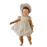 uL - 26in Vintage Composition Baby Doll - Cloth Body, Pink Lace Dress & Bonnet