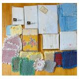 uL - Assorted Linen Textiles & Crochet Mats - Embroidered White Sheets, Blue Linens, Floral Prints