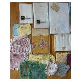 uL - Assorted Linen Textiles & Crochet Mats - Embroidered White Sheets, Blue Linens, Floral Prints