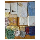 uL - Assorted Linen Textiles & Crochet Mats - Embroidered White Sheets, Blue Linens, Floral Prints