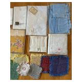 uL - Assorted Linen Textiles & Crochet Mats - Embroidered White Sheets, Blue Linens, Floral Prints
