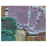 uL - Assorted Linen Textiles & Crochet Mats - Embroidered White Sheets, Blue Linens, Floral Prints