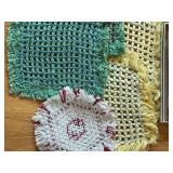 uL - Assorted Linen Textiles & Crochet Mats - Embroidered White Sheets, Blue Linens, Floral Prints