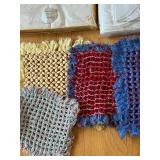 uL - Assorted Linen Textiles & Crochet Mats - Embroidered White Sheets, Blue Linens, Floral Prints