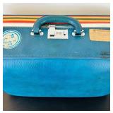uL - Ventura Travelware Vintage Suitcase 8 x 16 x 25 in - Blue Vinyl with Tokyo 77 & Northwest Orient Stickers