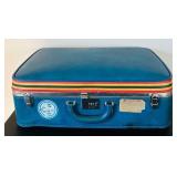uL - Ventura Travelware Vintage Suitcase 8 x 16 x 25 in - Blue Vinyl with Tokyo 77 & Northwest Orient Stickers