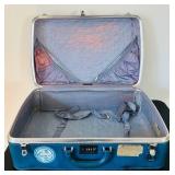 uL - Ventura Travelware Vintage Suitcase 8 x 16 x 25 in - Blue Vinyl with Tokyo 77 & Northwest Orient Stickers