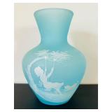 uL - Vintage Westmoreland Blue Satin Glass Vase with Mary Gregory Style Enameling