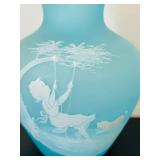 uL - Vintage Westmoreland Blue Satin Glass Vase with Mary Gregory Style Enameling