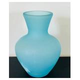 uL - Vintage Westmoreland Blue Satin Glass Vase with Mary Gregory Style Enameling