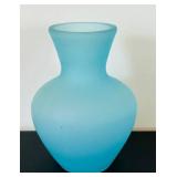 uL - Vintage Westmoreland Blue Satin Glass Vase with Mary Gregory Style Enameling