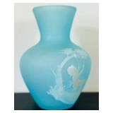 uL - Vintage Westmoreland Blue Satin Glass Vase with Mary Gregory Style Enameling