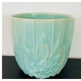 UL - Vintage McCoy Ceramic Planter - Turquoise Glaze with Floral Embossing, 6.5 in Tall