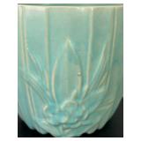 UL - Vintage McCoy Ceramic Planter - Turquoise Glaze with Floral Embossing, 6.5 in Tall