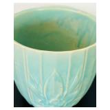 UL - Vintage McCoy Ceramic Planter - Turquoise Glaze with Floral Embossing, 6.5 in Tall