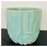 UL - Vintage McCoy Ceramic Planter - Turquoise Glaze with Floral Embossing, 6.5 in Tall
