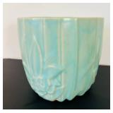 UL - Vintage McCoy Ceramic Planter - Turquoise Glaze with Floral Embossing, 6.5 in Tall