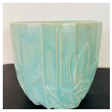 UL - Vintage McCoy Ceramic Planter - Turquoise Glaze with Floral Embossing, 6.5 in Tall
