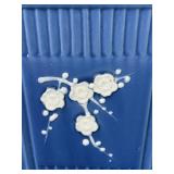 uL - Blue Floral Ceramic Plant Pot 6-inch with White Blossom Relief