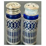 uL - Vintage Salt & Pepper Shakers - Silver-Tone Lattice with Cobalt Blue Glass, 2.5 in (Lot of 2)