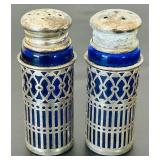 uL - Vintage Salt & Pepper Shakers - Silver-Tone Lattice with Cobalt Blue Glass, 2.5 in (Lot of 2)