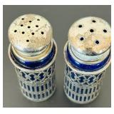 uL - Vintage Salt & Pepper Shakers - Silver-Tone Lattice with Cobalt Blue Glass, 2.5 in (Lot of 2)