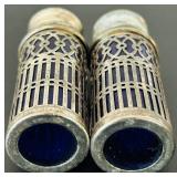 uL - Vintage Salt & Pepper Shakers - Silver-Tone Lattice with Cobalt Blue Glass, 2.5 in (Lot of 2)