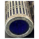 uL - Vintage Salt & Pepper Shakers - Silver-Tone Lattice with Cobalt Blue Glass, 2.5 in (Lot of 2)