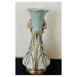 uL - Vintage Aqua Glass Vase with Gold Leaf Accents - 12 in Tall