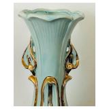 uL - Vintage Aqua Glass Vase with Gold Leaf Accents - 12 in Tall