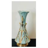 uL - Vintage Aqua Glass Vase with Gold Leaf Accents - 12 in Tall