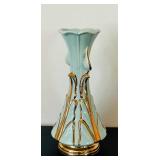 uL - Vintage Aqua Glass Vase with Gold Leaf Accents - 12 in Tall
