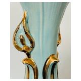 uL - Vintage Aqua Glass Vase with Gold Leaf Accents - 12 in Tall