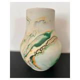 UL- Vintage Nemadji Pottery Vase, Marble-Glazed Swirl in Green, Orange & Tan