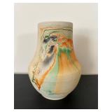 UL- Vintage Nemadji Pottery Vase, Marble-Glazed Swirl in Green, Orange & Tan